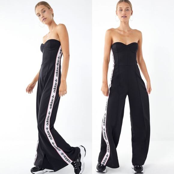 adidas Pants - Adidas Originals Strapless Jumpsuit Black Wide Leg Logo Tuxedo Stripe Size Small